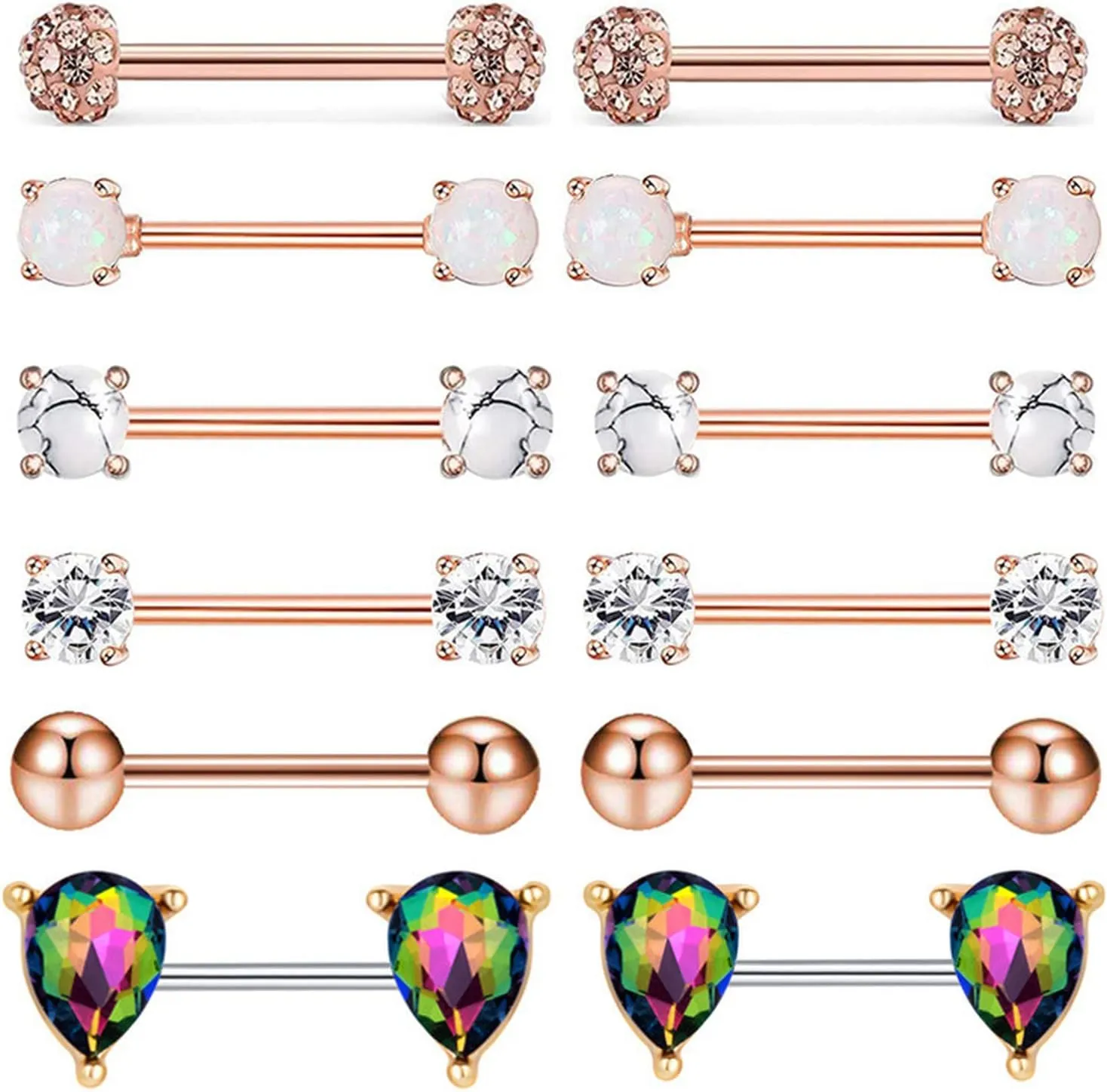 6Pairs 14G Stainless Steel Nipple Rings Glitter Colorful CZ Ball Straight Barbell Bars Tongue Ring 16mm(5/8Inch) Body Piercing Jewelry Set