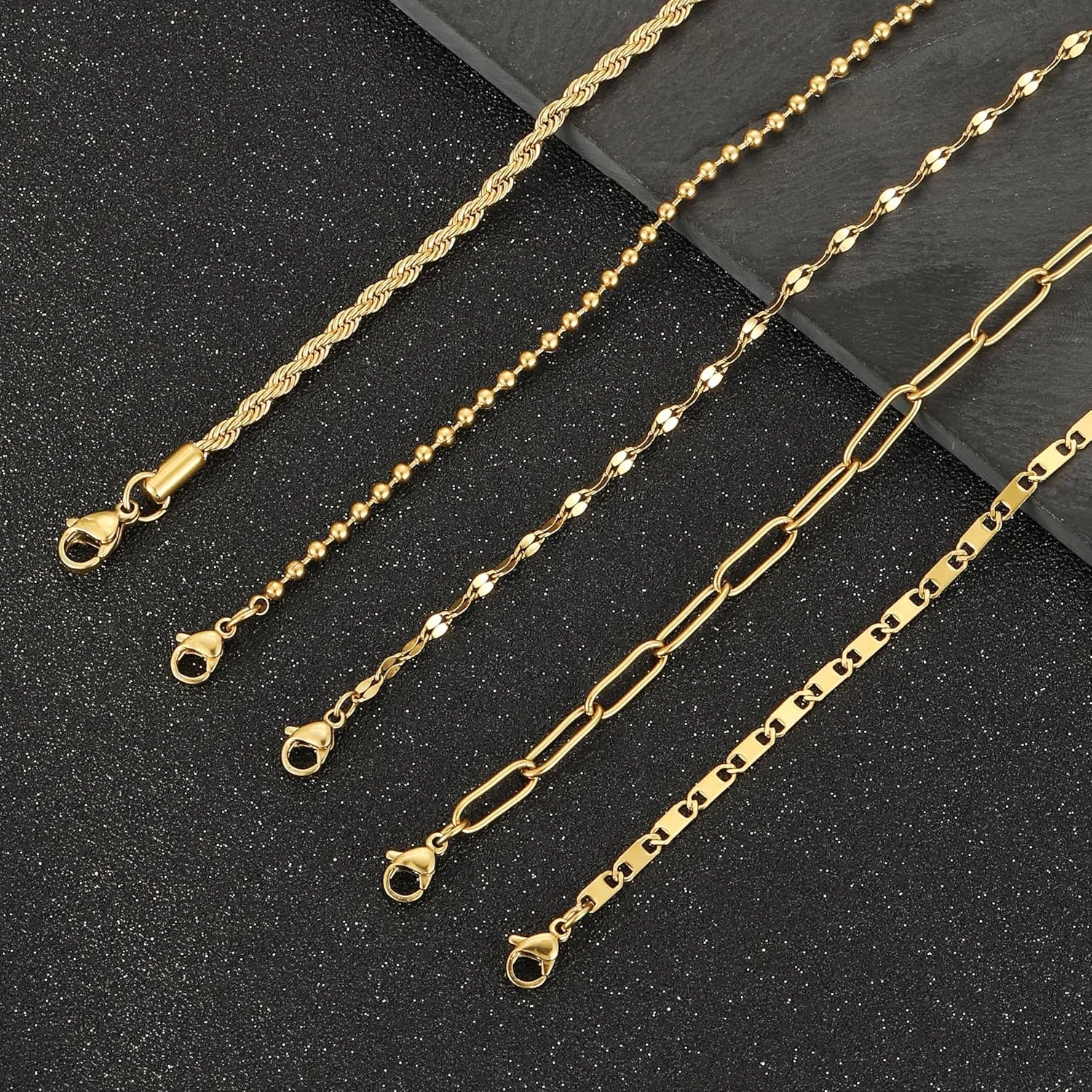 6PCS 18k Gold Plated Stainless Steel Ankle Bracelets for Women Waterproof Layered Herringbone Figaro Bead Paperclip Rope Tennis Box Cuban Link Rolo Satellite Chain Anklets Set Gold Tone