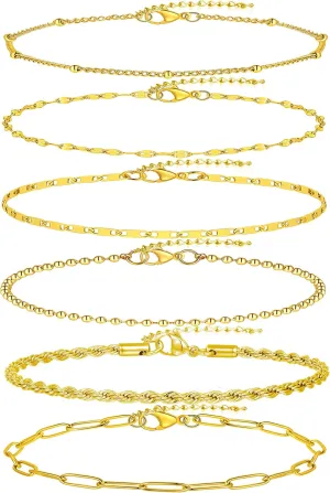 6PCS 18k Gold Plated Stainless Steel Ankle Bracelets for Women Waterproof Layered Herringbone Figaro Bead Paperclip Rope Tennis Box Cuban Link Rolo Satellite Chain Anklets Set Gold Tone