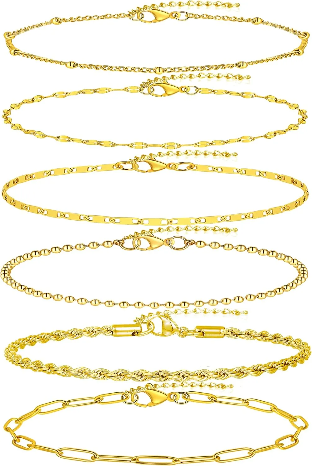 6PCS 18k Gold Plated Stainless Steel Ankle Bracelets for Women Waterproof Layered Herringbone Figaro Bead Paperclip Rope Tennis Box Cuban Link Rolo Satellite Chain Anklets Set Gold Tone