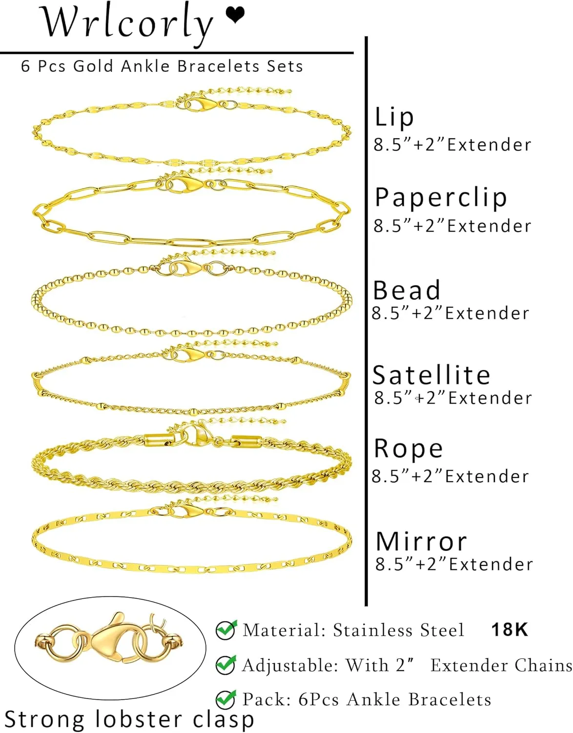 6PCS 18k Gold Plated Stainless Steel Ankle Bracelets for Women Waterproof Layered Herringbone Figaro Bead Paperclip Rope Tennis Box Cuban Link Rolo Satellite Chain Anklets Set Gold Tone