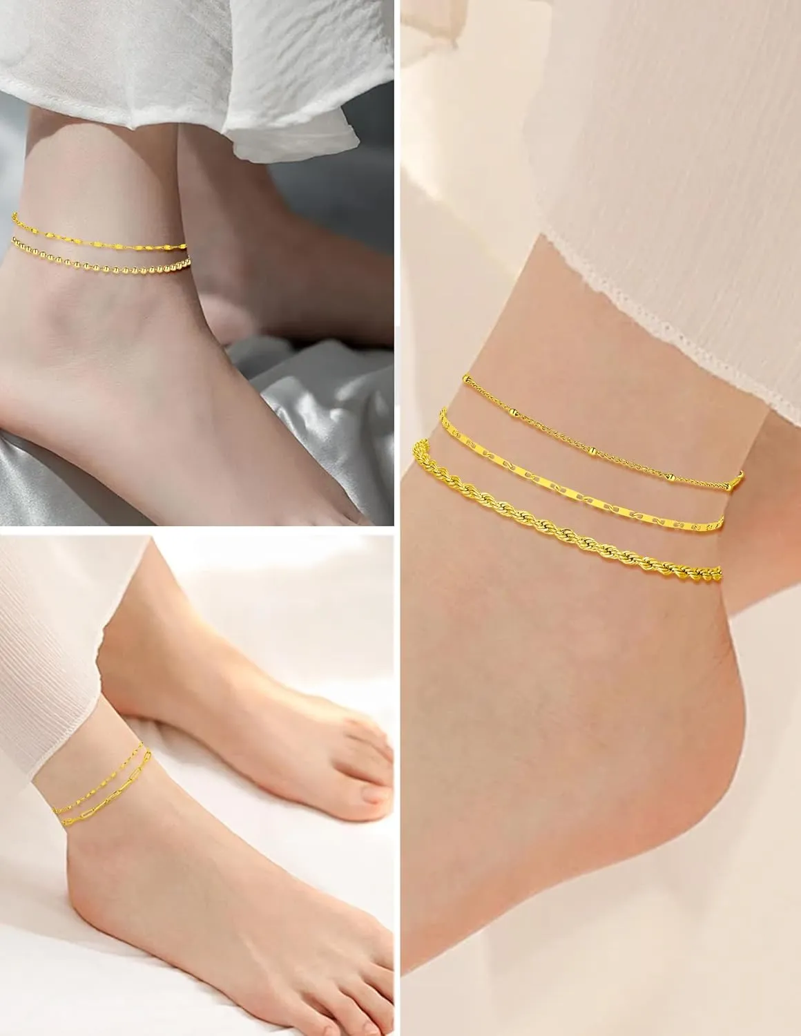 6PCS 18k Gold Plated Stainless Steel Ankle Bracelets for Women Waterproof Layered Herringbone Figaro Bead Paperclip Rope Tennis Box Cuban Link Rolo Satellite Chain Anklets Set Gold Tone