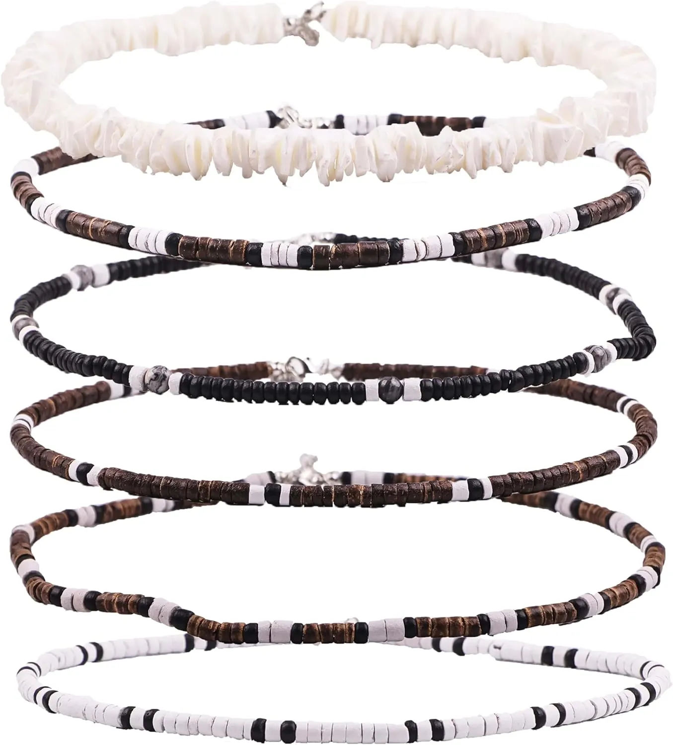 6Pcs Puka Shell Necklace Men Seashell Surfer Necklace for Men Women Hawaiian Choker White Necklaces Set Summer Beach Jewelry