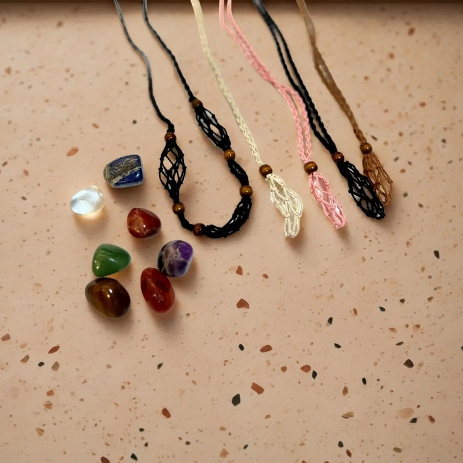 7 Chakra Natural Crystal Healing Stone Necklace Set,5 Handmade Adjustable Crystal Holder Necklaces Cord Cage Black Pink Brown White Ropes,Spiritual Jewelry Gift for Women, Yoga, Meditation