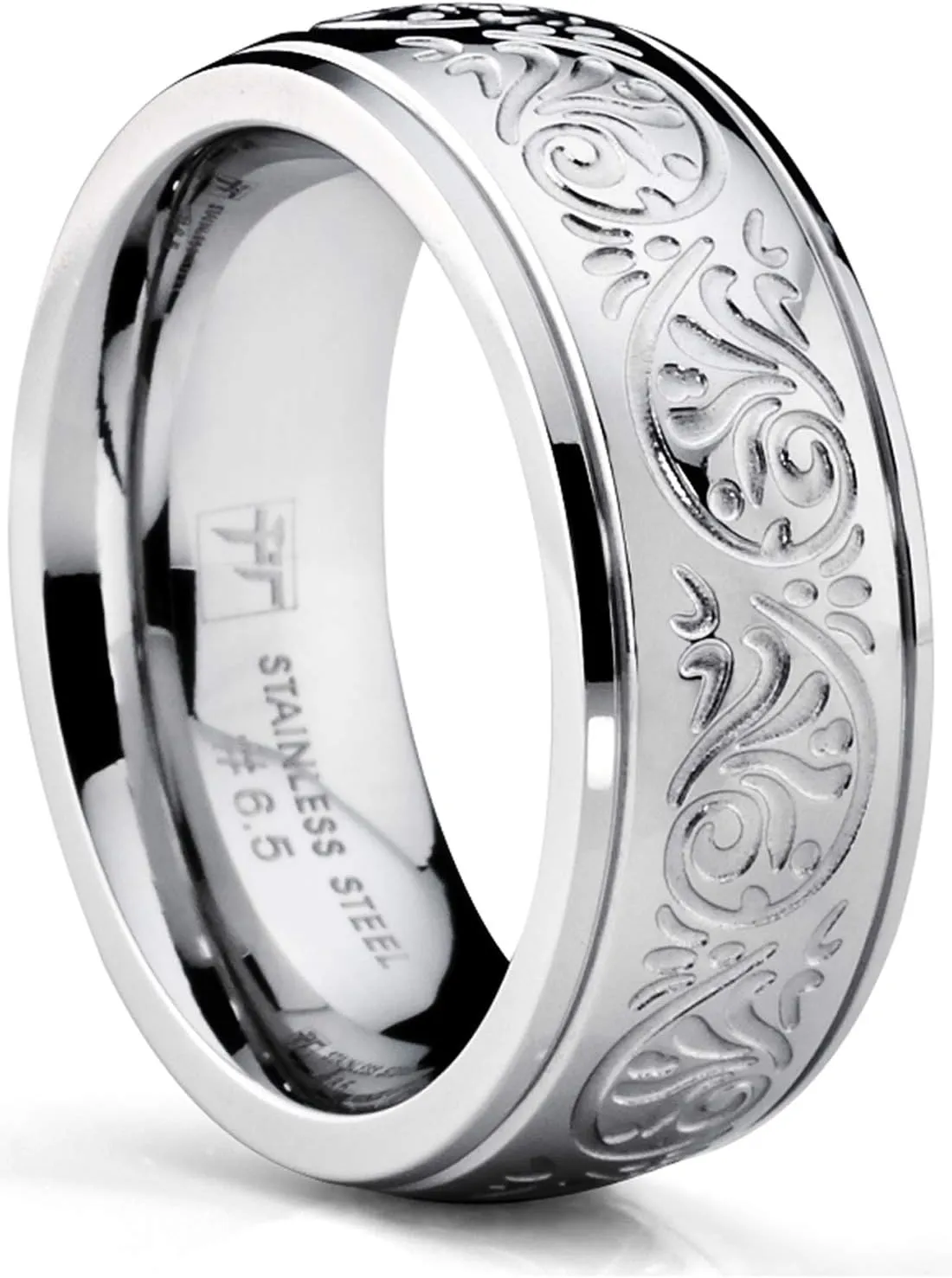 7MM Stainless Steel Ring with Engraved Florentine Design Sizes 4 to 13