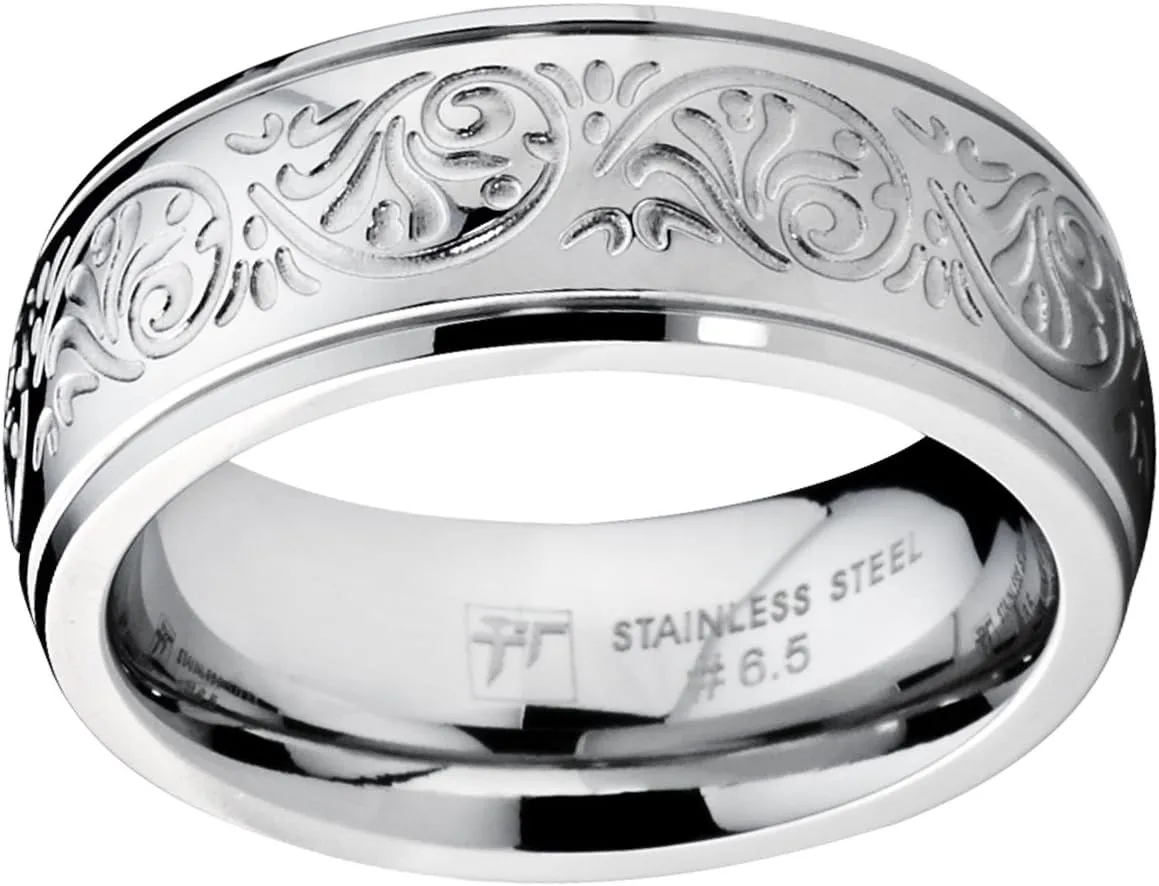 7MM Stainless Steel Ring with Engraved Florentine Design Sizes 4 to 13