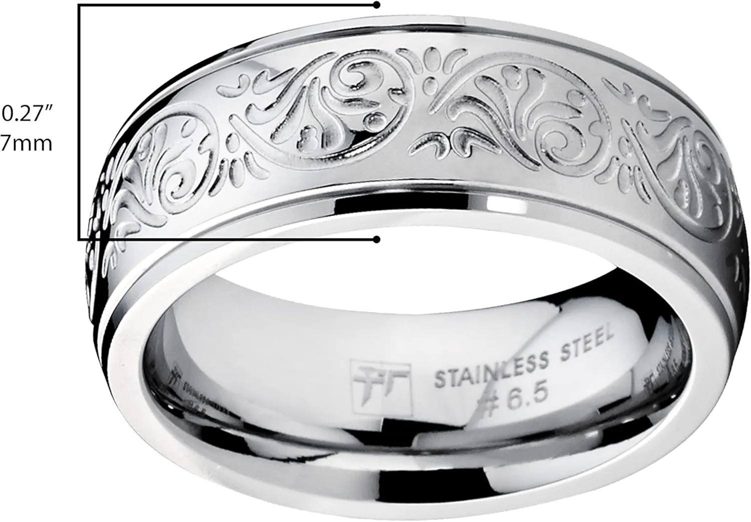 7MM Stainless Steel Ring with Engraved Florentine Design Sizes 4 to 13
