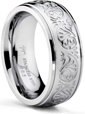 7MM Stainless Steel Ring with Engraved Florentine Design Sizes 4 to 13