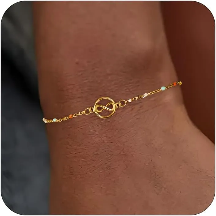 8 Infinity Bracelet ,S925 Silver 14K Gold Plated Bracelet with Enamel Beaded Chain,Enamel Bead Bracelet,Hypoallergenic Bohemian Stackable Friendship Bracelet Birthday Jewelry for Women Graduation Gifts
