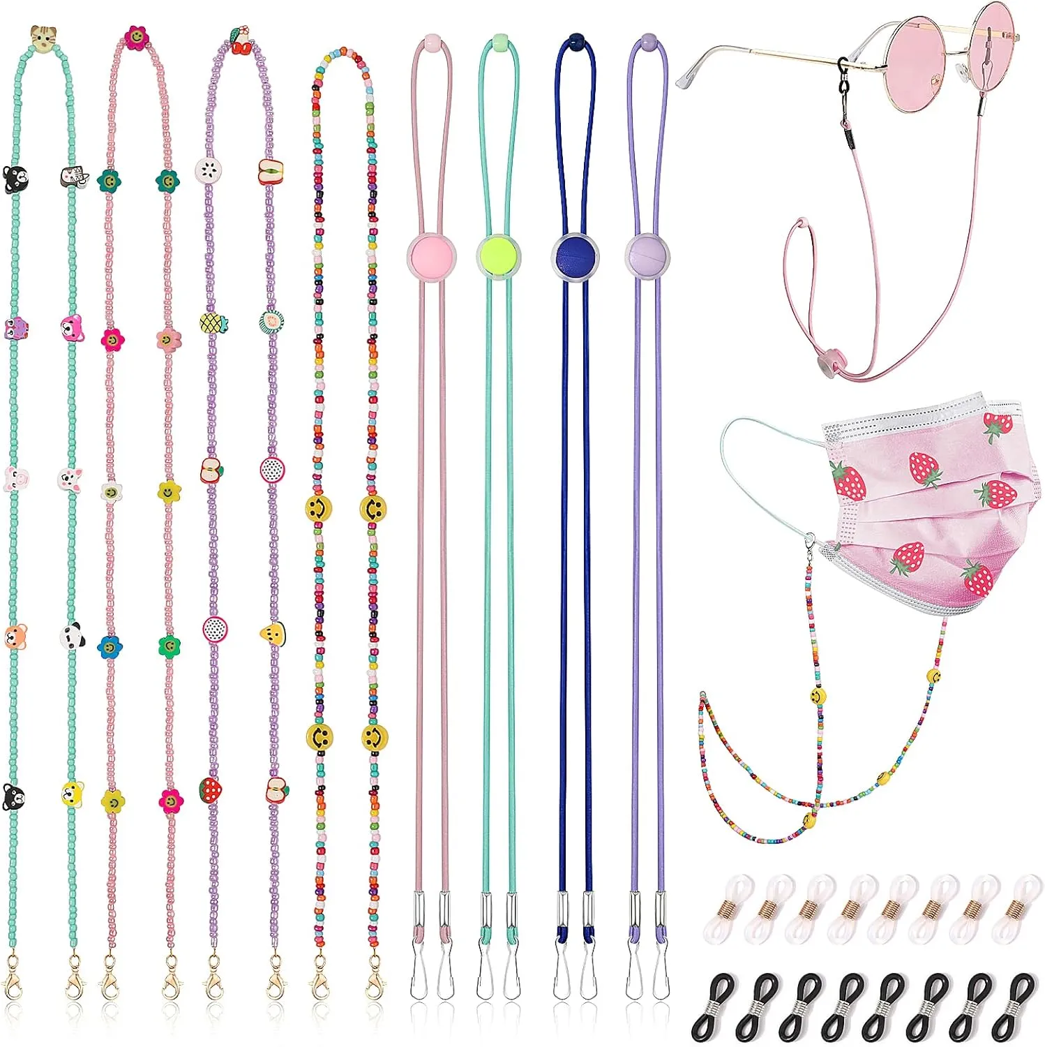 8 Pieces Kids Glasses Strap Eyeglass Chains, Adjustable Eye Glasses Holder Chain Around Neck Beaded Sunglasses Chain, Sport Glasses String for Girl Boy