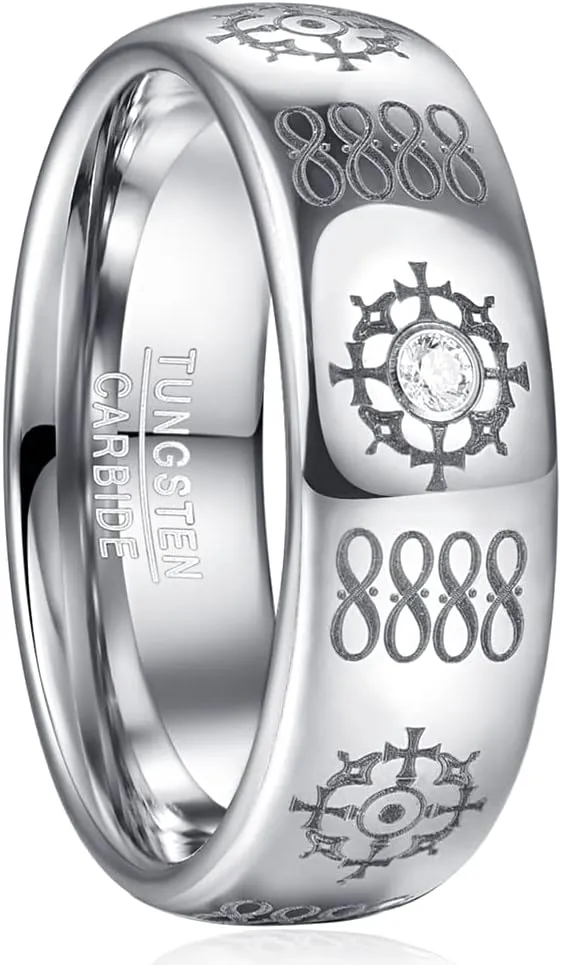 8mm Mens Rings Tungsten Rings for Men Silver Wedding Bands with Red Zircon Printed Organic Molecular Pattern Promise Rings Couple Rings Comfort Fit Size 7-12