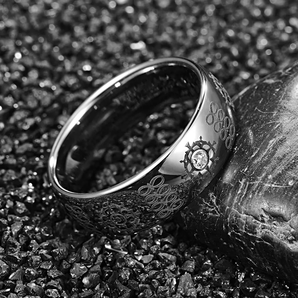 8mm Mens Rings Tungsten Rings for Men Silver Wedding Bands with Red Zircon Printed Organic Molecular Pattern Promise Rings Couple Rings Comfort Fit Size 7-12