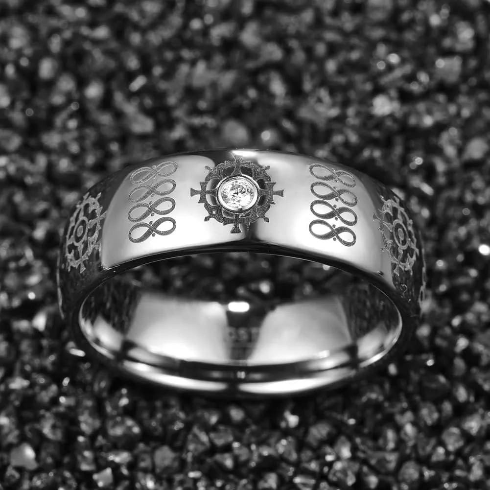 8mm Mens Rings Tungsten Rings for Men Silver Wedding Bands with Red Zircon Printed Organic Molecular Pattern Promise Rings Couple Rings Comfort Fit Size 7-12