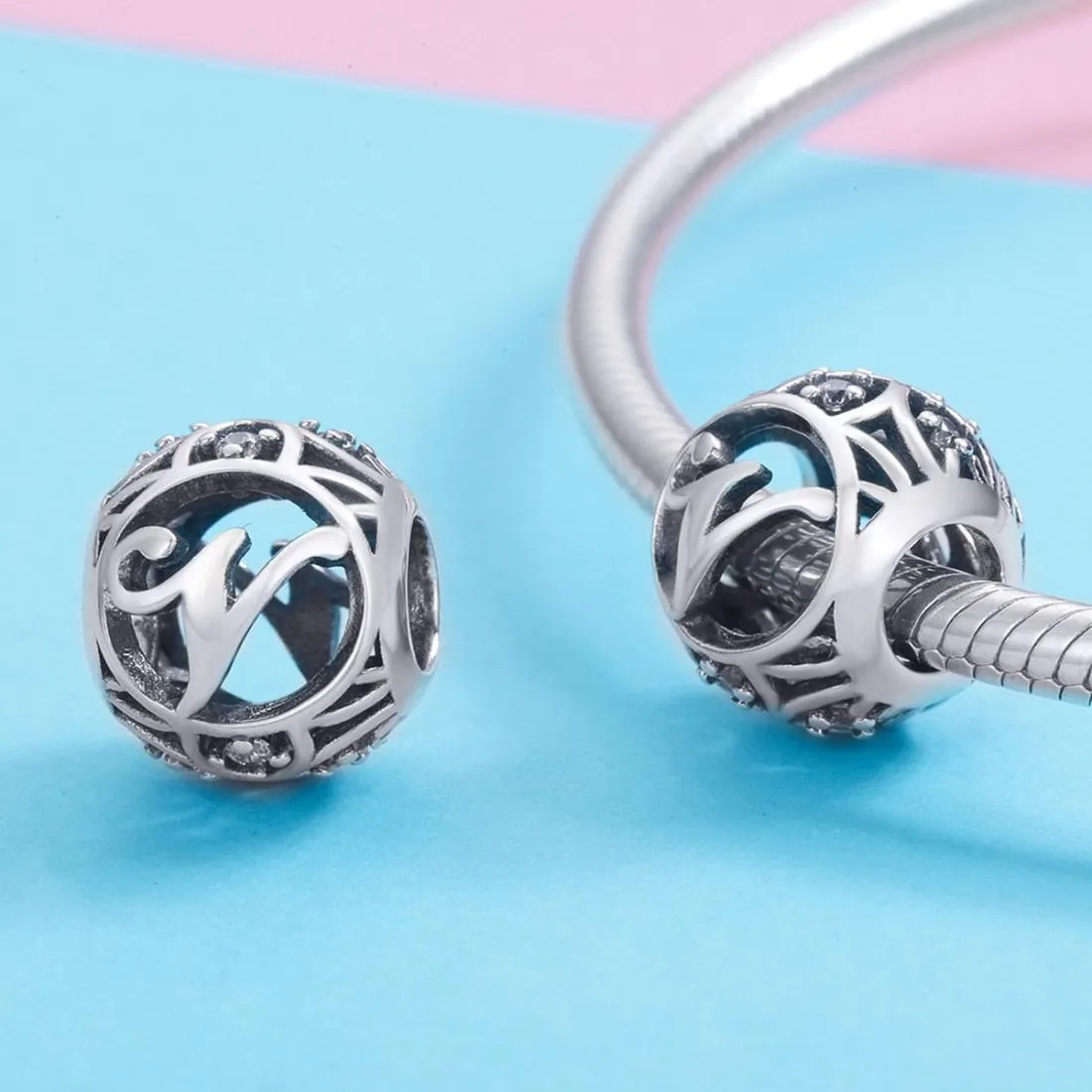 925 Sterling Silver 26 English Letter Beads For Diy Bracelets & Necklaces Style - V