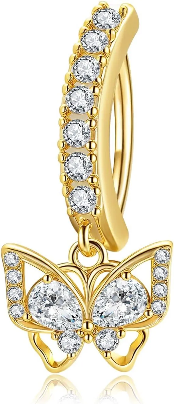 925 Sterling Silver Butterfly Belly Button Ring Hypoallergenic Clicker Hoop CZ Butterfly Belly Button Rings for Women
