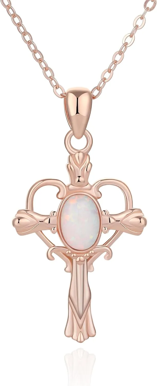 925 Sterling Silver Cross Necklace Retro Opal Celtic Cross Pendant Necklaces Jewelry Gift for Women
