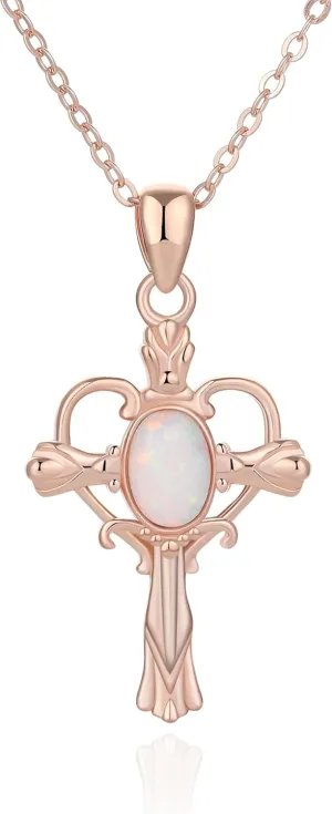 925 Sterling Silver Cross Necklace Retro Opal Celtic Cross Pendant Necklaces Jewelry Gift for Women