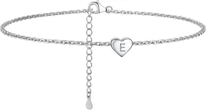 925 Sterling Silver Dainty Heart Anklets for Women, A-Z Letter Cute Initial Charm Anklet: 8.6"-10.6", Adjustable, Come with Box