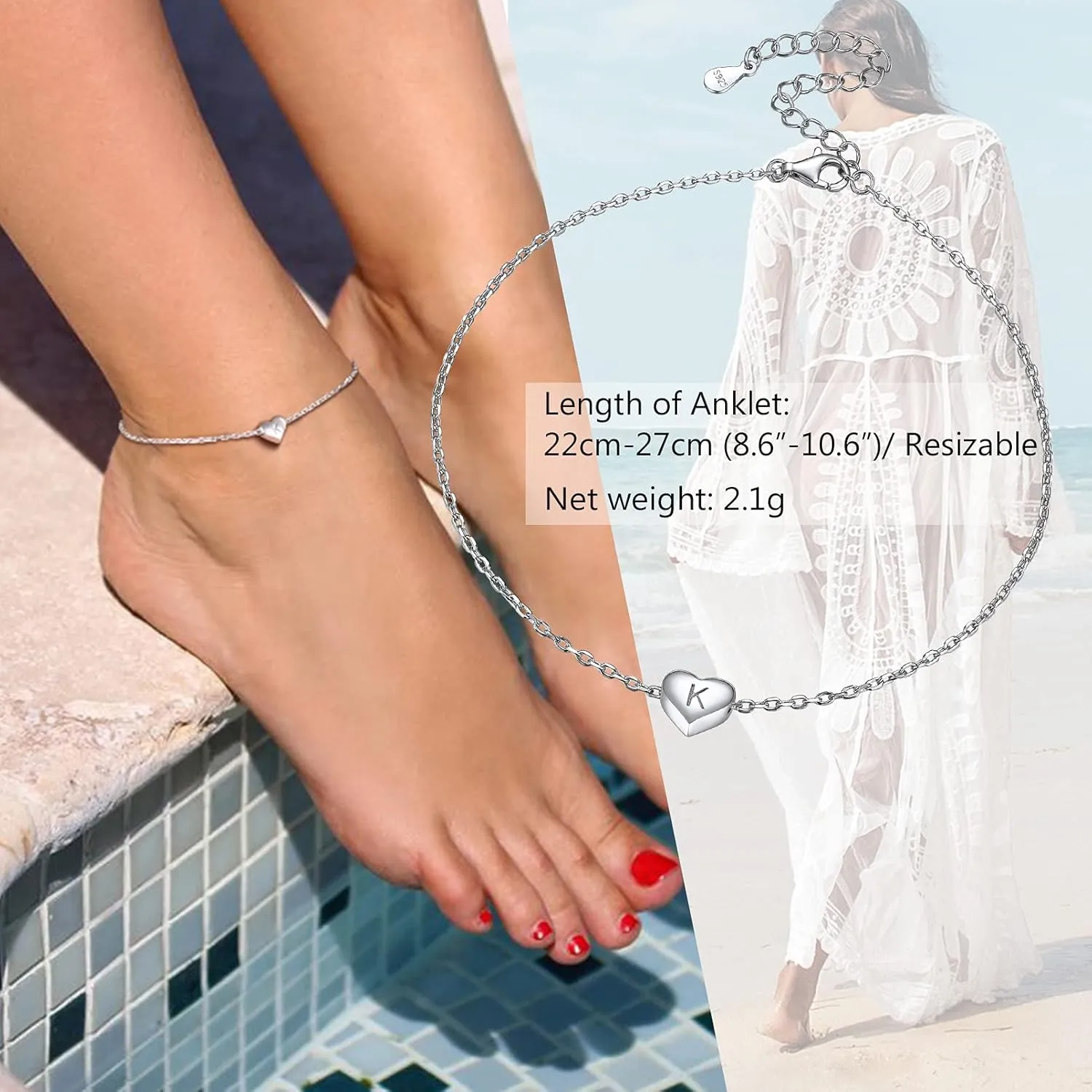 925 Sterling Silver Dainty Heart Anklets for Women, A-Z Letter Cute Initial Charm Anklet: 8.6"-10.6", Adjustable, Come with Box