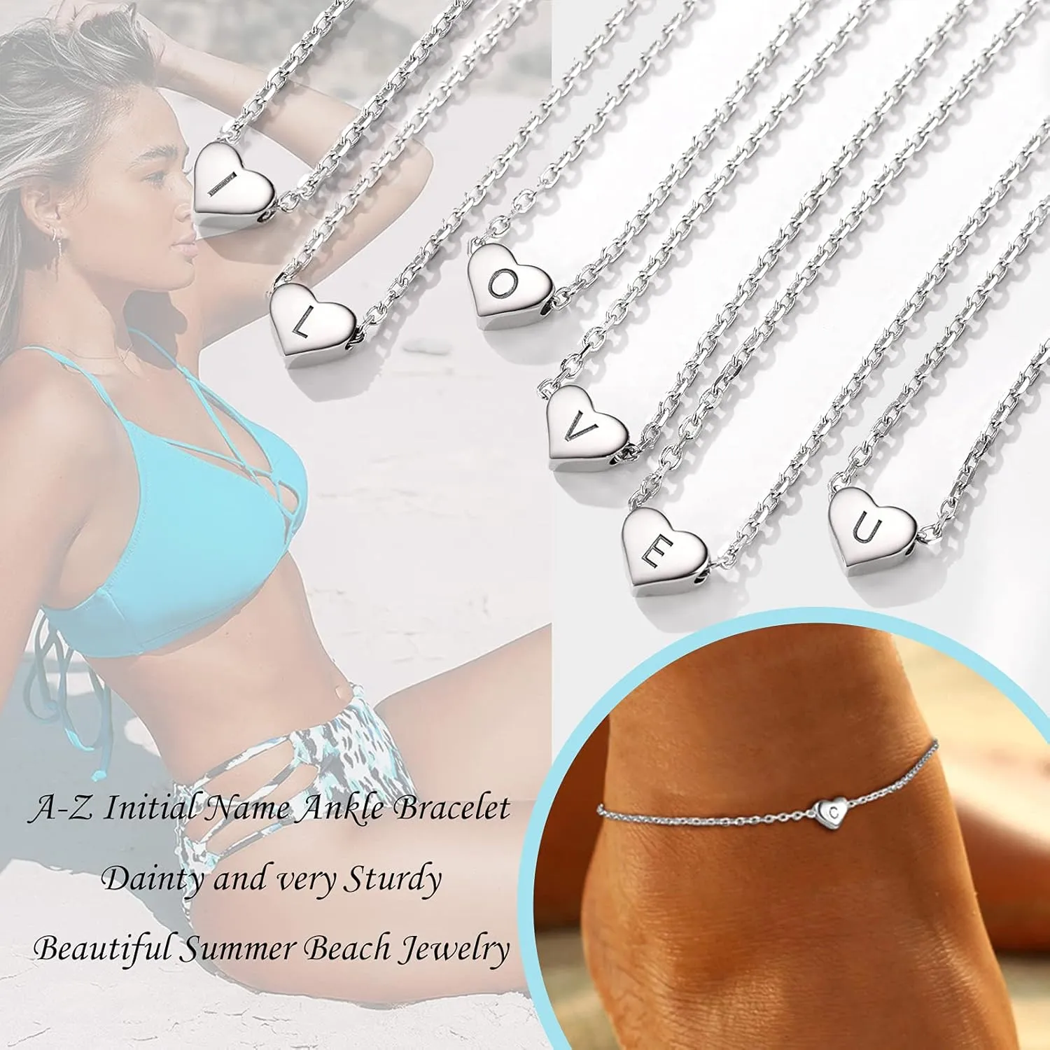 925 Sterling Silver Dainty Heart Anklets for Women, A-Z Letter Cute Initial Charm Anklet: 8.6"-10.6", Adjustable, Come with Box