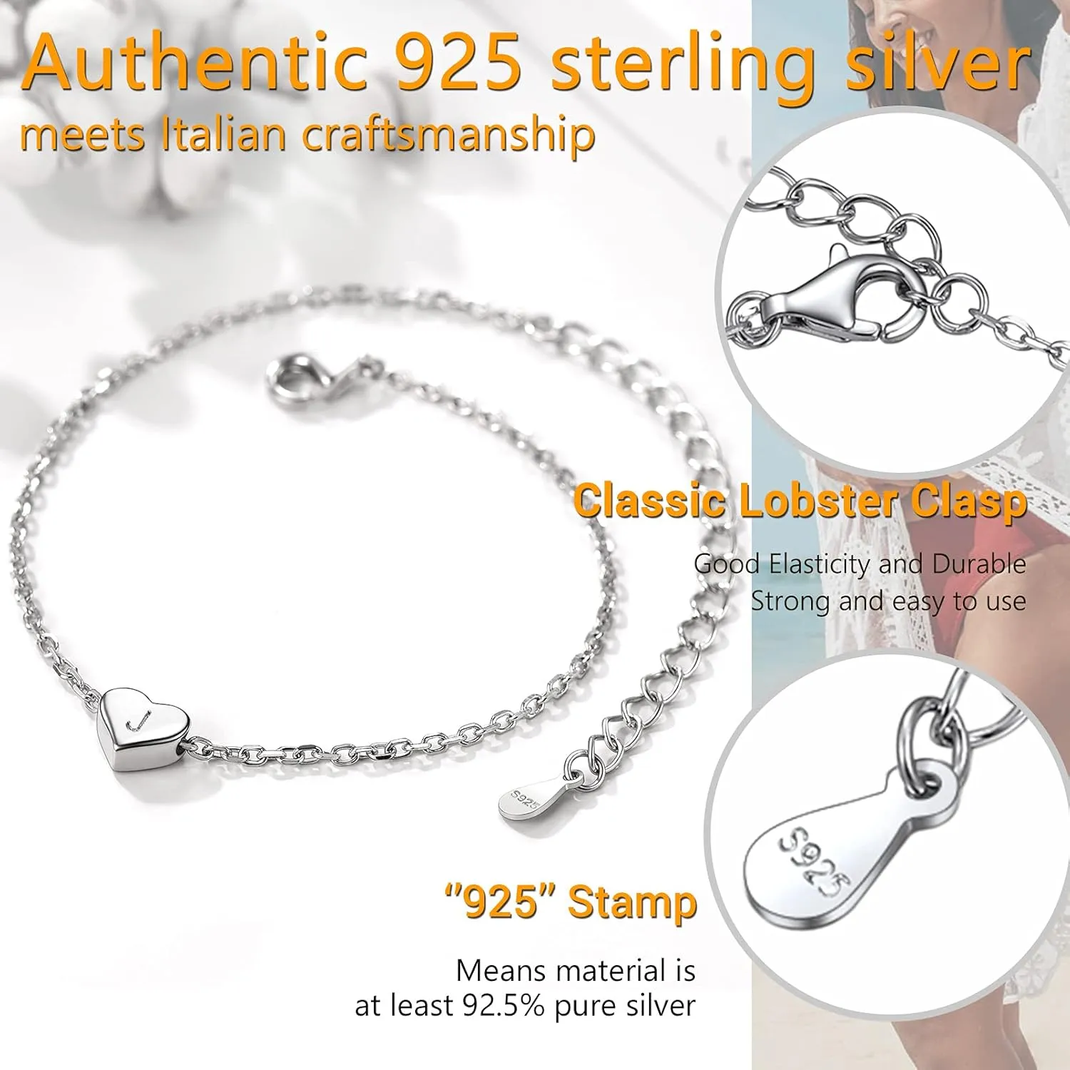 925 Sterling Silver Dainty Heart Anklets for Women, A-Z Letter Cute Initial Charm Anklet: 8.6"-10.6", Adjustable, Come with Box