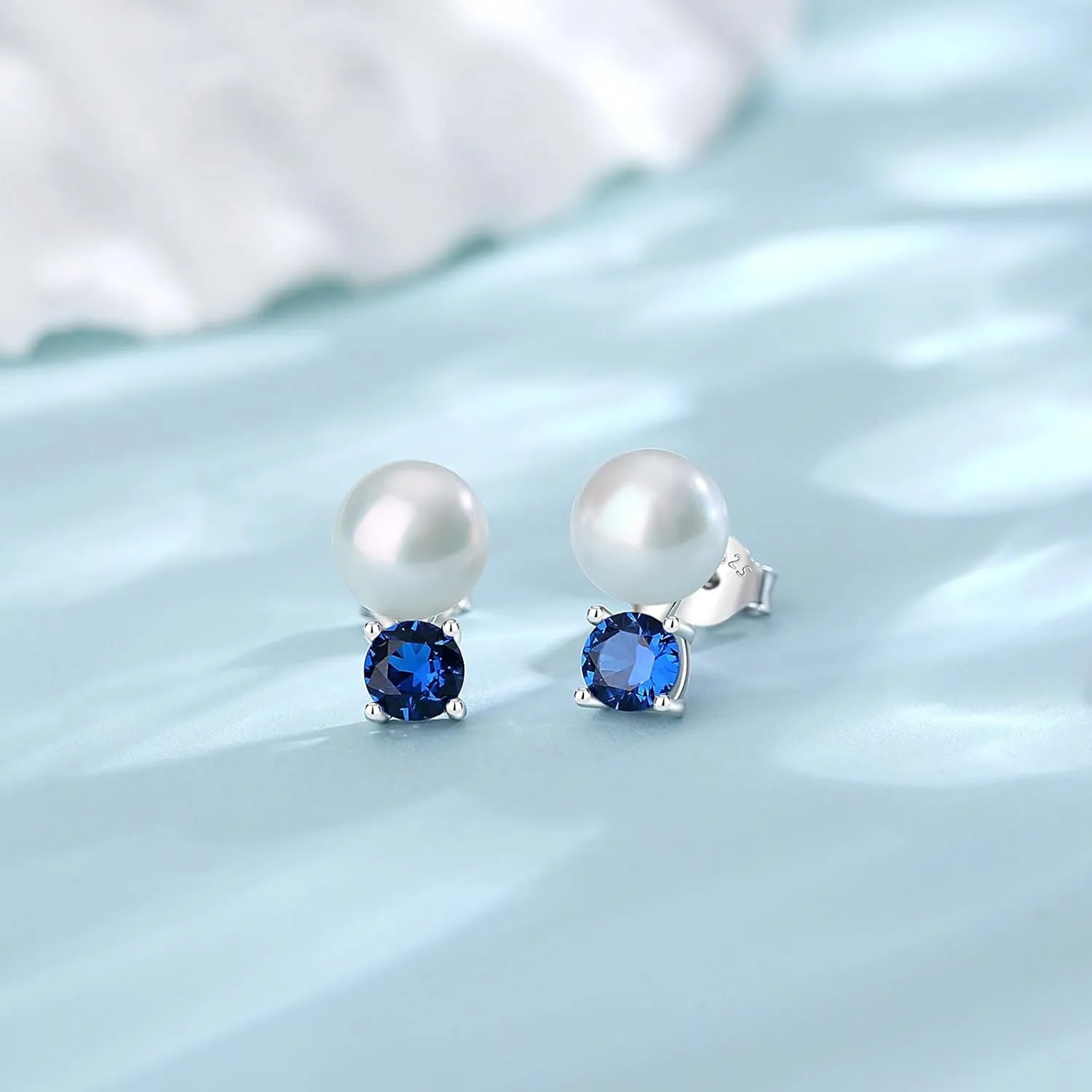 925 Sterling Silver Pearl Earrings for Women, 5MM Cubic Zirconia with 8-8.5MM Freshwater Cultured Pearls Wedding Bridal Jewelry, Gifts for Mom Wife Hypoallergenic