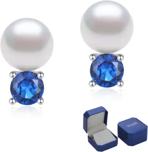 925 Sterling Silver Pearl Earrings for Women, 5MM Cubic Zirconia with 8-8.5MM Freshwater Cultured Pearls Wedding Bridal Jewelry, Gifts for Mom Wife Hypoallergenic