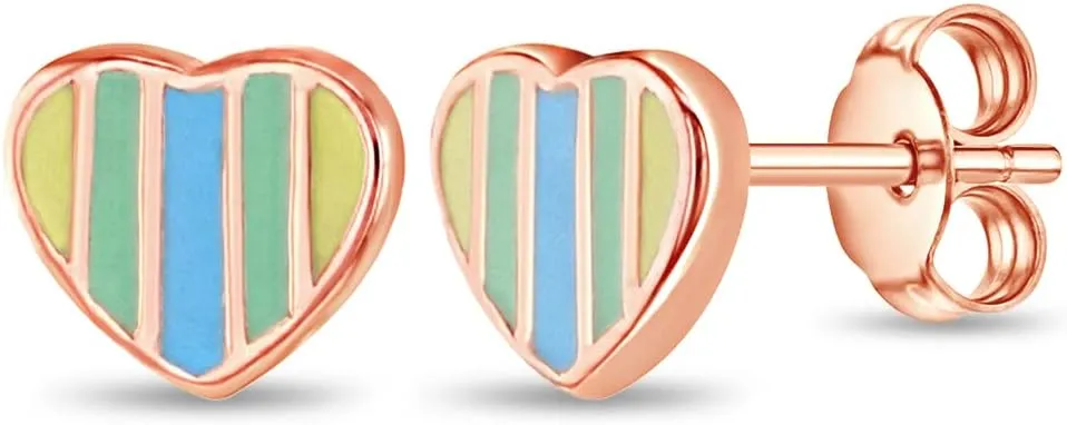 925 Sterling Silver Rose Gold Flashed Multicolor Enamel Heart Love Earrings for Young Girls, Pre-Teens and Teens - Vibrant Blue and Green Heart Earrings For Girls