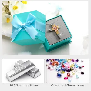 925 Sterling Silver Statement Large Cross Gemstone Necklace for Women Colorful Crystal Stone Pendant