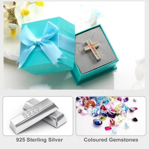 925 Sterling Silver Statement Large Cross Gemstone Necklace for Women Colorful Crystal Stone Pendant