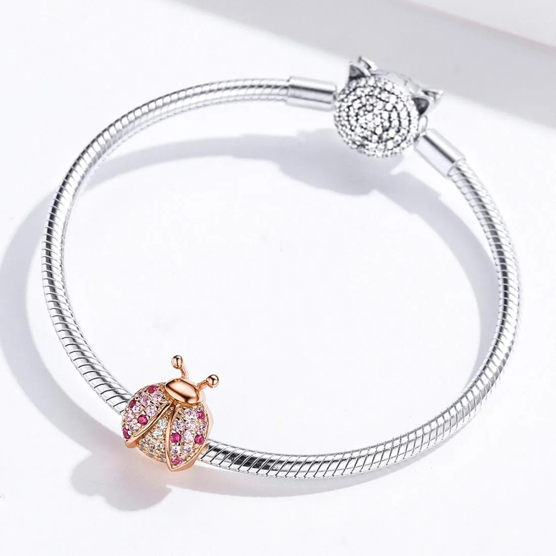 925 Sterling Silver Zircon Ladybug Bracelet / Necklace Set