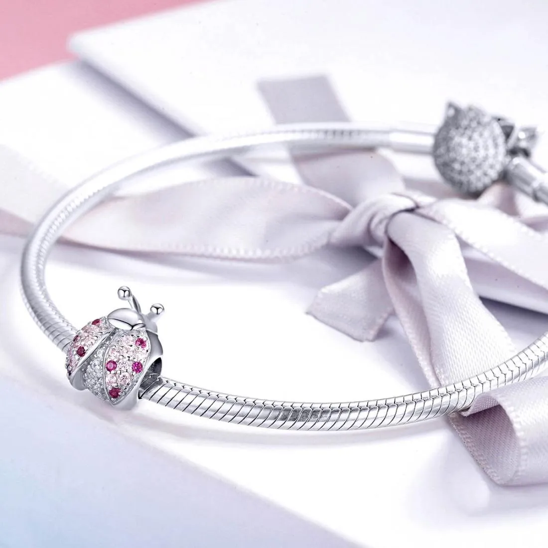 925 Sterling Silver Zircon Ladybug Bracelet / Necklace Set