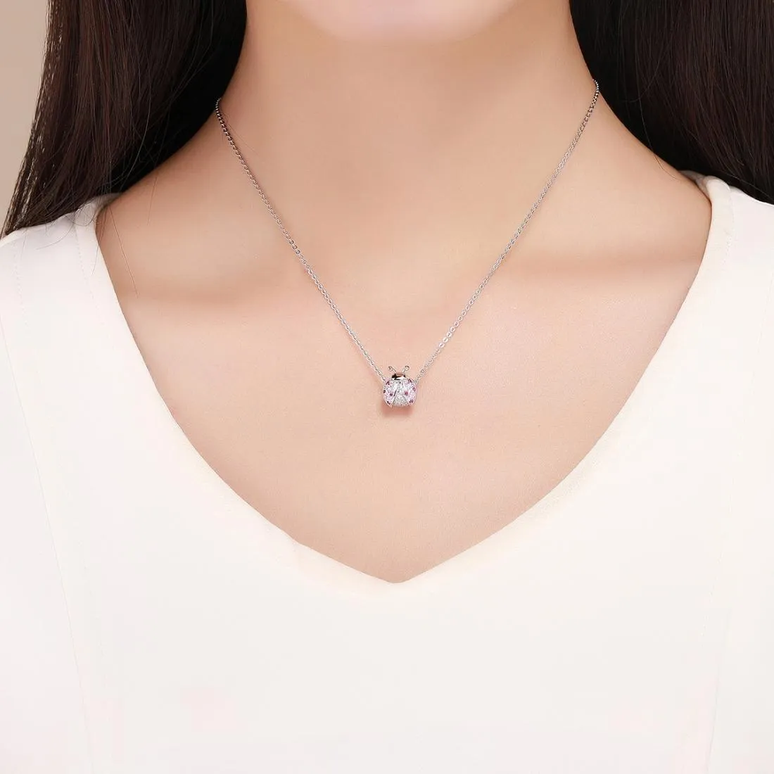 925 Sterling Silver Zircon Ladybug Bracelet / Necklace Set