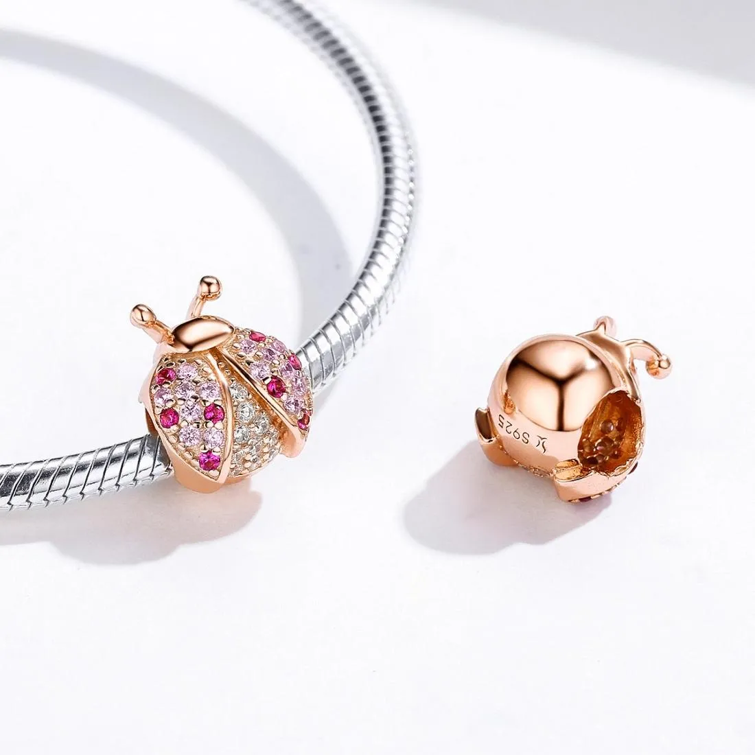 925 Sterling Silver Zircon Ladybug Bracelet / Necklace Set
