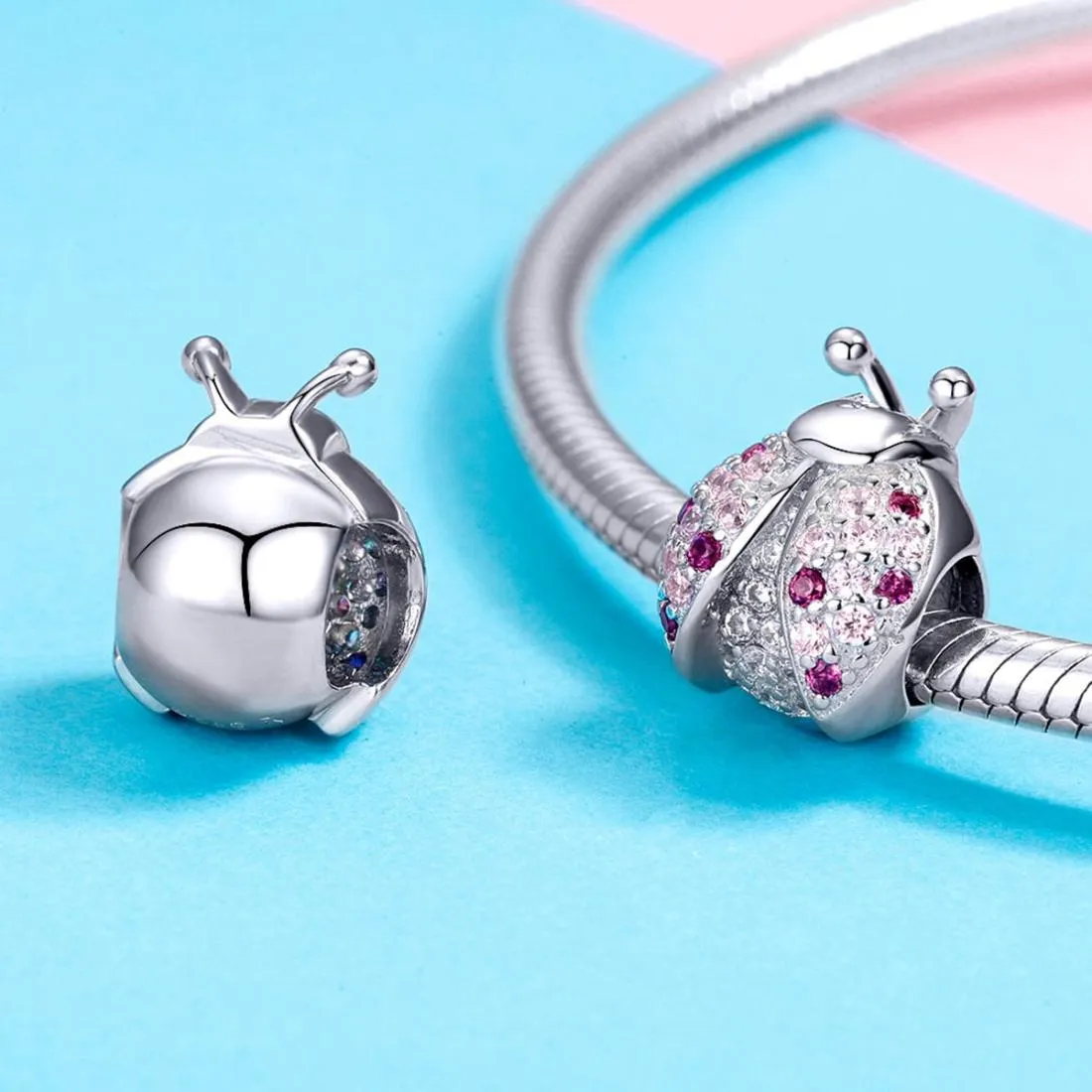 925 Sterling Silver Zircon Ladybug Bracelet / Necklace Set