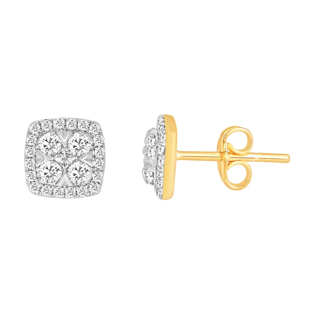 9ct Yellow Gold 1/2 Carat Diamond Studs with 2 Princess and 48 Brilliant Diamonds