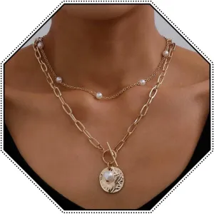 Abien Layered Necklace for Women Pearl Necklaces Gold Coin Pendant Necklace Chain Boho Pearl Choker