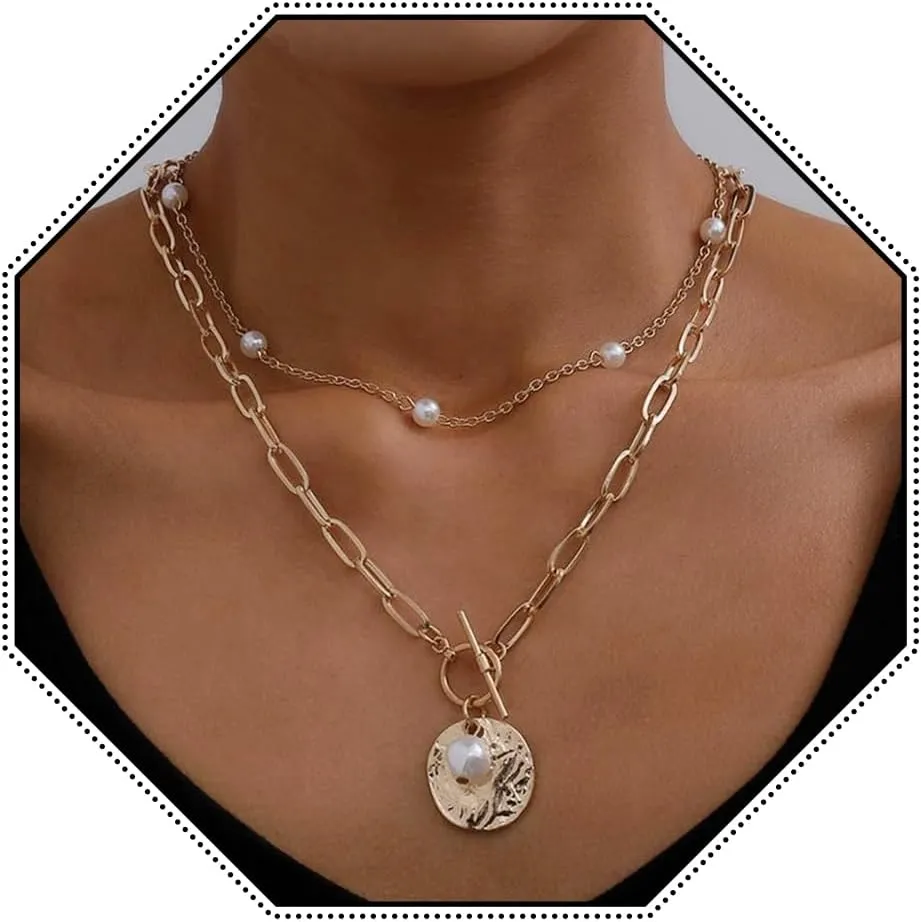Abien Layered Necklace for Women Pearl Necklaces Gold Coin Pendant Necklace Chain Boho Pearl Choker