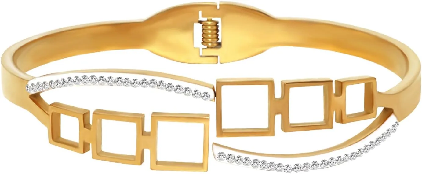 ABJFJE Stainless Steel Hollow Square Shape Crystal Cuff Hinged Bangle Bracelets Smooth Punk Statement Gold Bracelet for Women Fashion Jewelry Gift