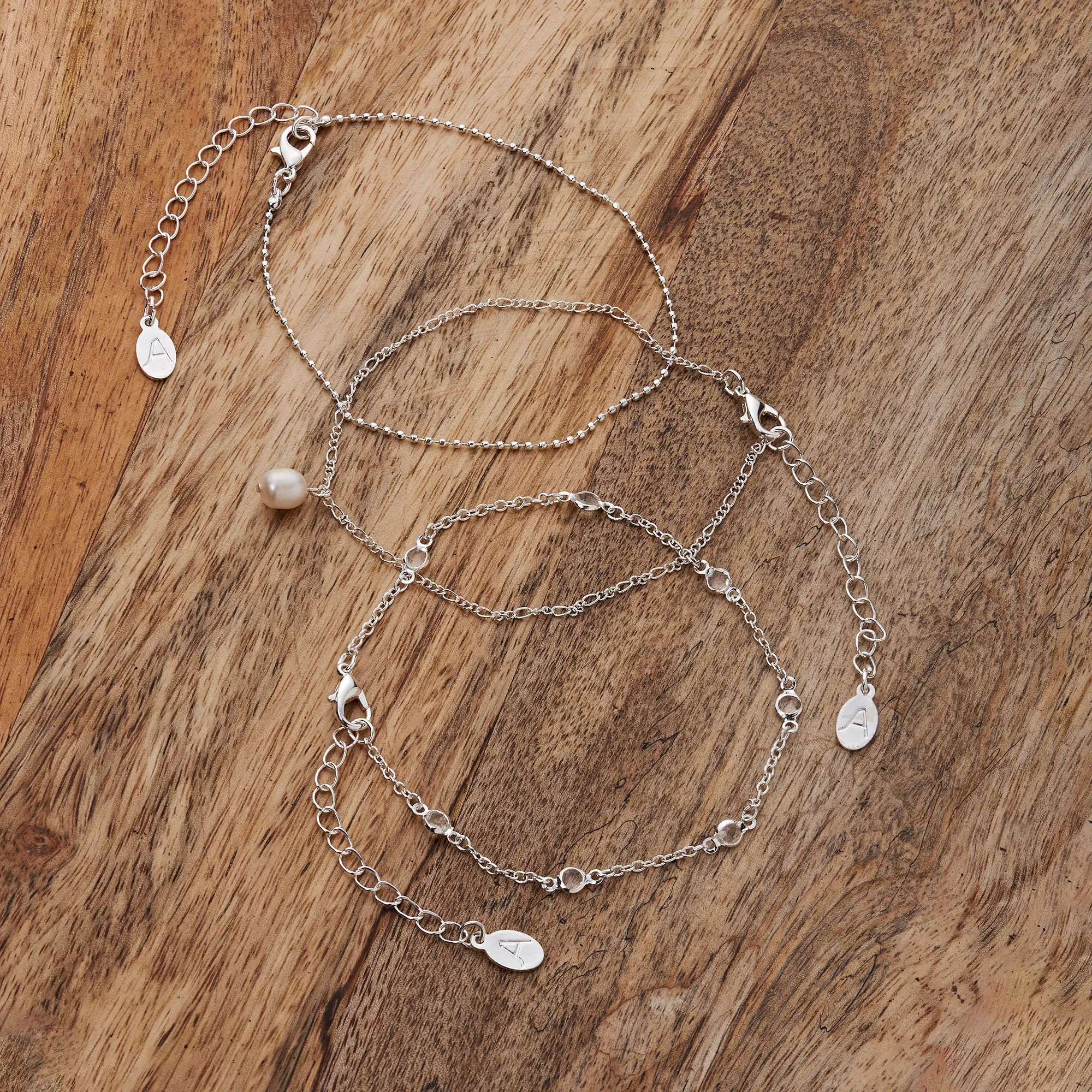 Accessorize London Women's Silver Station Disc & Pearl Anklets Pack Of 3