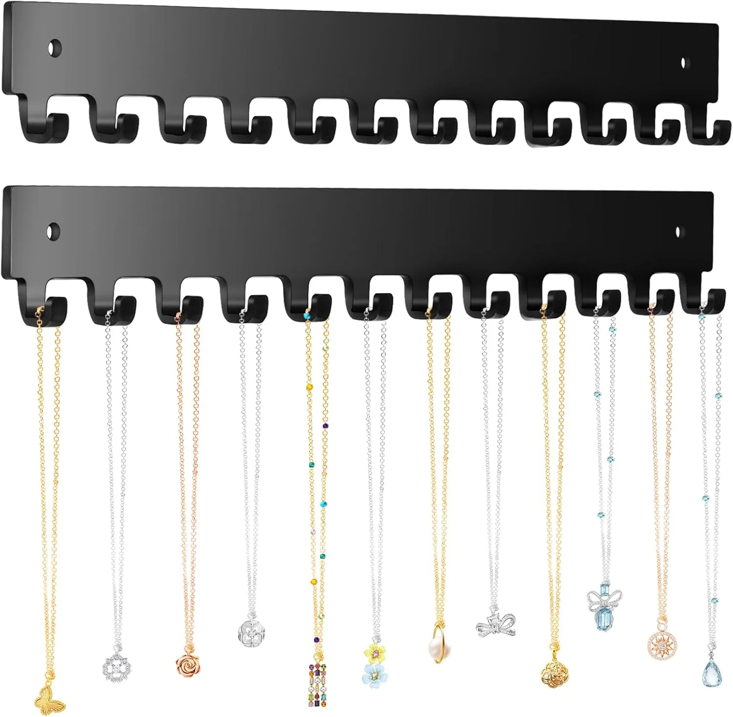 Acrylic Necklace Holder 2 Pack Wall Mounted Necklace Organizer Hanging Jewelry Organizer with 12 Hooks for Necklaces, Bracelets, Rings and Bangles Display Black