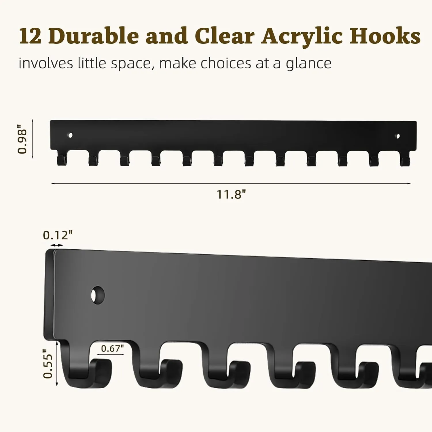 Acrylic Necklace Holder 2 Pack Wall Mounted Necklace Organizer Hanging Jewelry Organizer with 12 Hooks for Necklaces, Bracelets, Rings and Bangles Display Black
