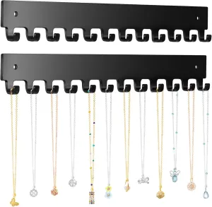 Acrylic Necklace Holder 2 Pack Wall Mounted Necklace Organizer Hanging Jewelry Organizer with 12 Hooks for Necklaces, Bracelets, Rings and Bangles Display Black