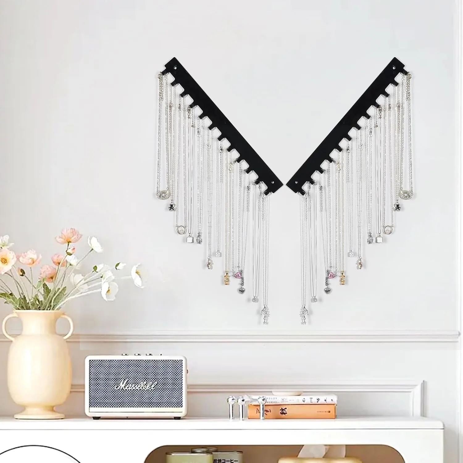 Acrylic Necklace Holder 4 Pack Wall Mounted Necklace Organizer Hanging Jewelry Organizer with 12 Hooks for Necklaces, Bracelets, Rings and Bangles Display Black