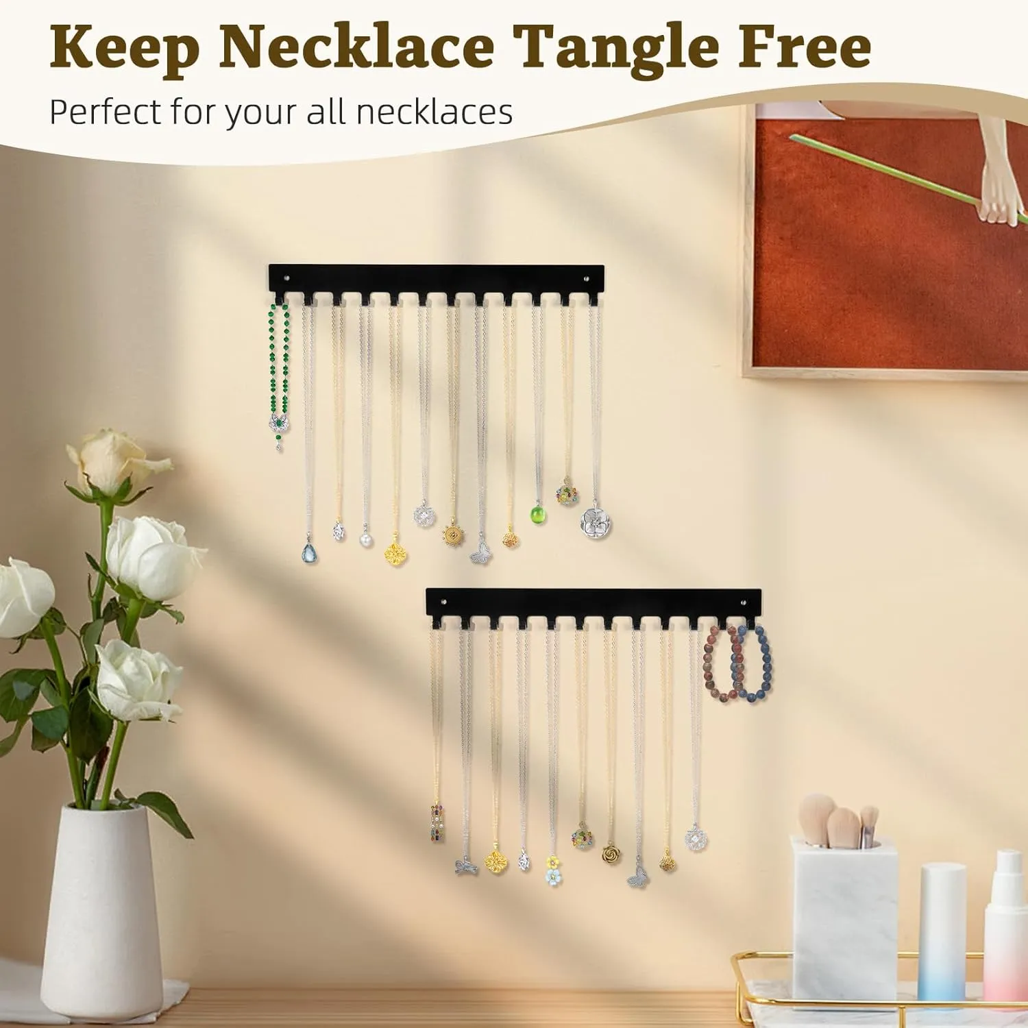 Acrylic Necklace Holder 4 Pack Wall Mounted Necklace Organizer Hanging Jewelry Organizer with 12 Hooks for Necklaces, Bracelets, Rings and Bangles Display Black
