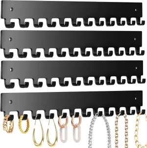 Acrylic Necklace Holder 4 Pack Wall Mounted Necklace Organizer Hanging Jewelry Organizer with 12 Hooks for Necklaces, Bracelets, Rings and Bangles Display Black