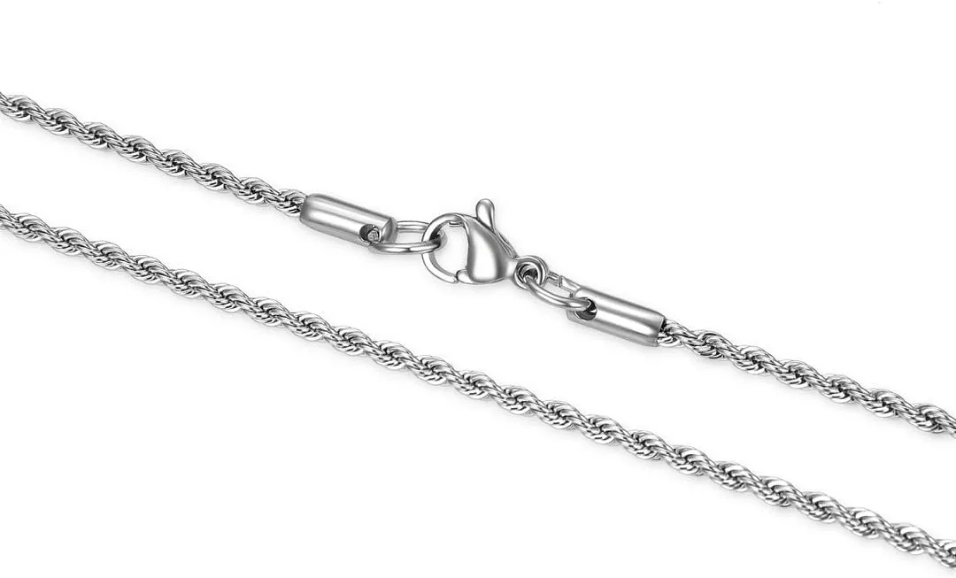 Adabele 304 Grade Surgical Stainless Steel 2mm 3mm Diamond-Cut Rope Chain Necklace 18 20 22 Inch Tarnish Resistant Hypoallergenic Women Men Jewelry