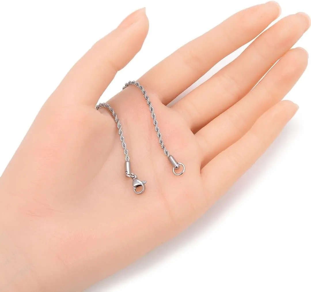 Adabele 304 Grade Surgical Stainless Steel 2mm 3mm Diamond-Cut Rope Chain Necklace 18 20 22 Inch Tarnish Resistant Hypoallergenic Women Men Jewelry