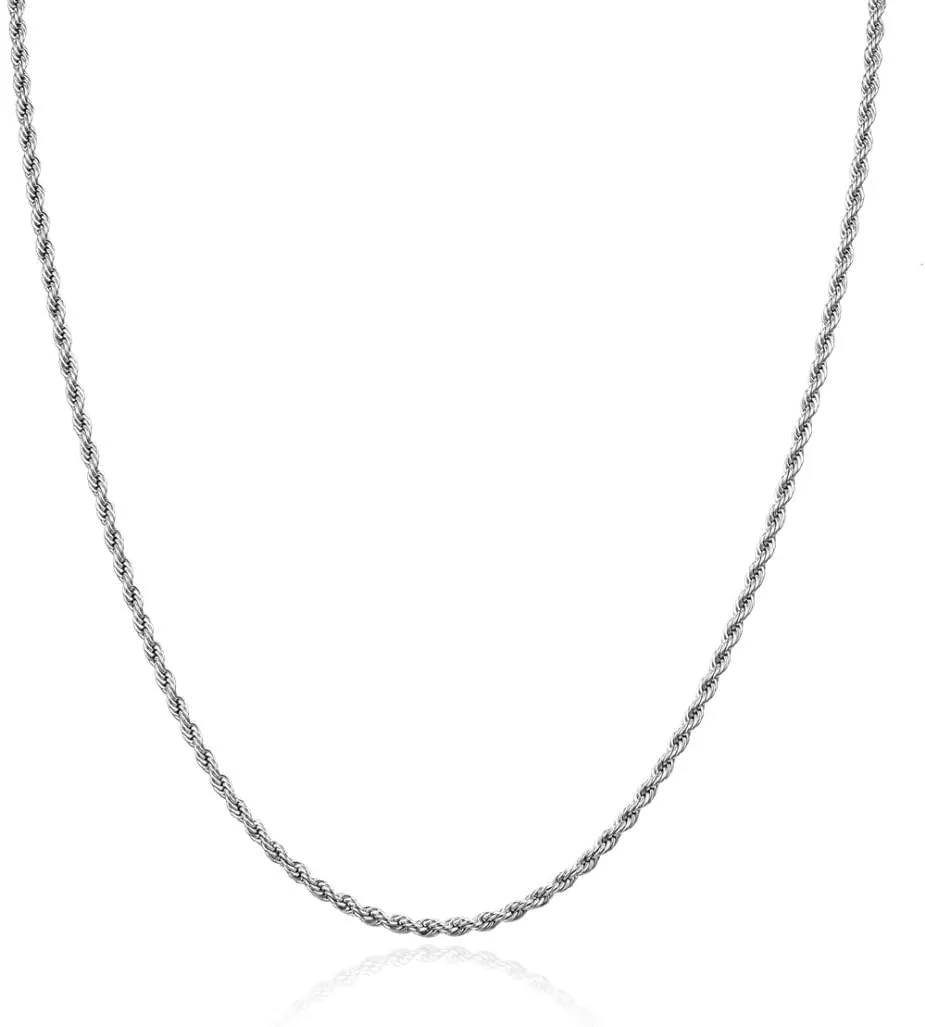Adabele 304 Grade Surgical Stainless Steel 2mm 3mm Diamond-Cut Rope Chain Necklace 18 20 22 Inch Tarnish Resistant Hypoallergenic Women Men Jewelry