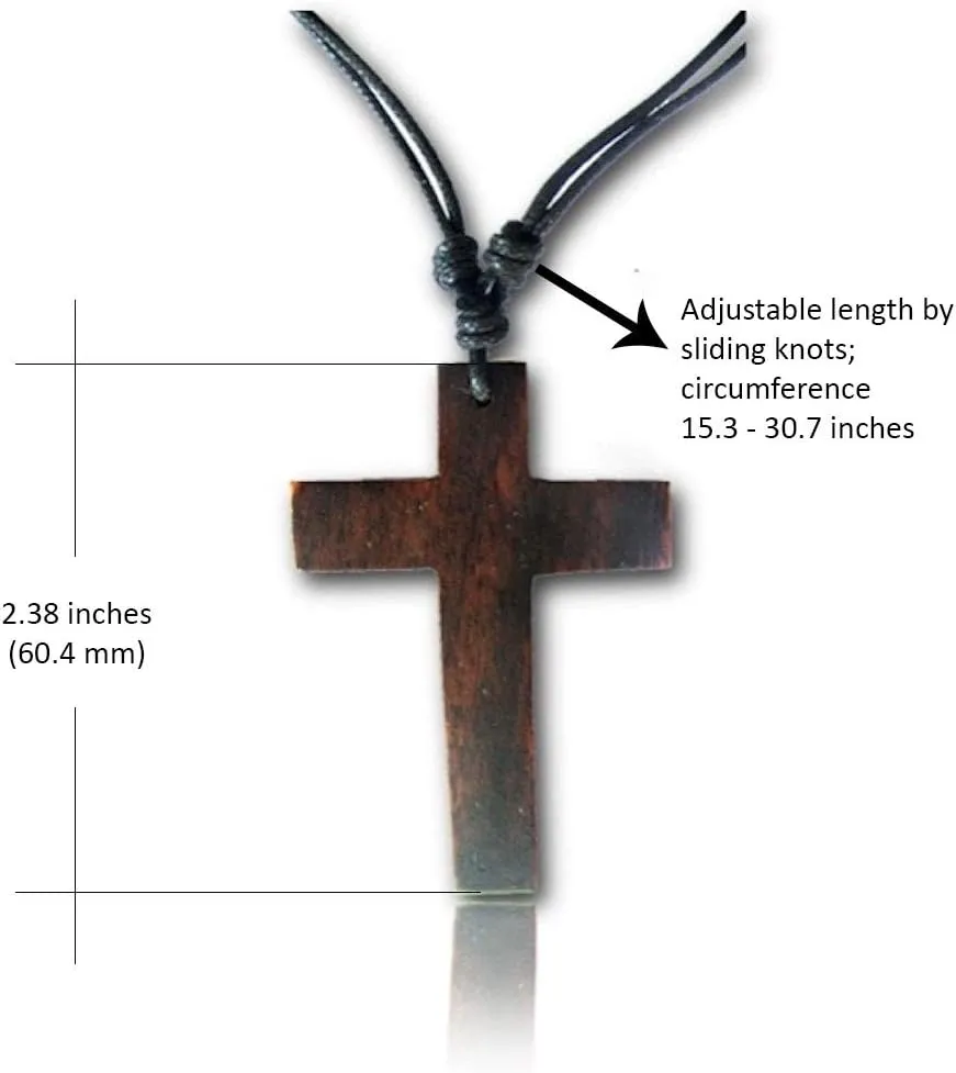 Adjustable Cross Necklace for Women or Men - Large Cross or Crucifix Pendant with Organic Wood
